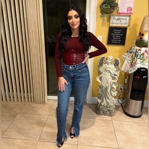 Commense Deep Red Long Sleeve Top with faux leather corset